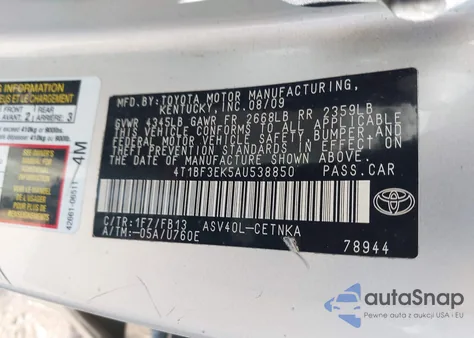 2010 Toyota Camry Le из США, поврежденный, VIN 4T1BF3EK5AU538850